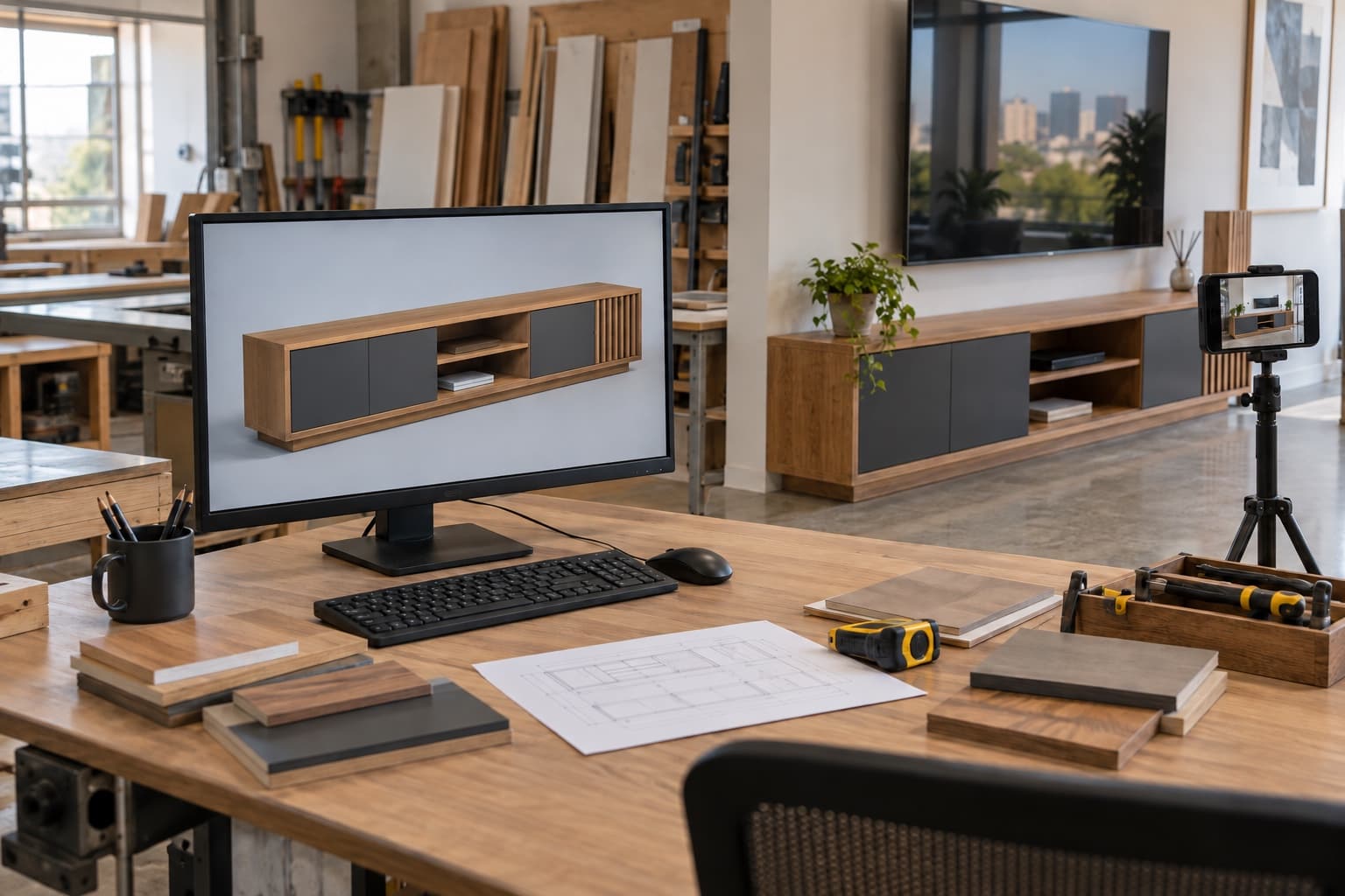 Taller de melamina con render 3D, mueble instalado y cámara para documentar un portafolio digital
