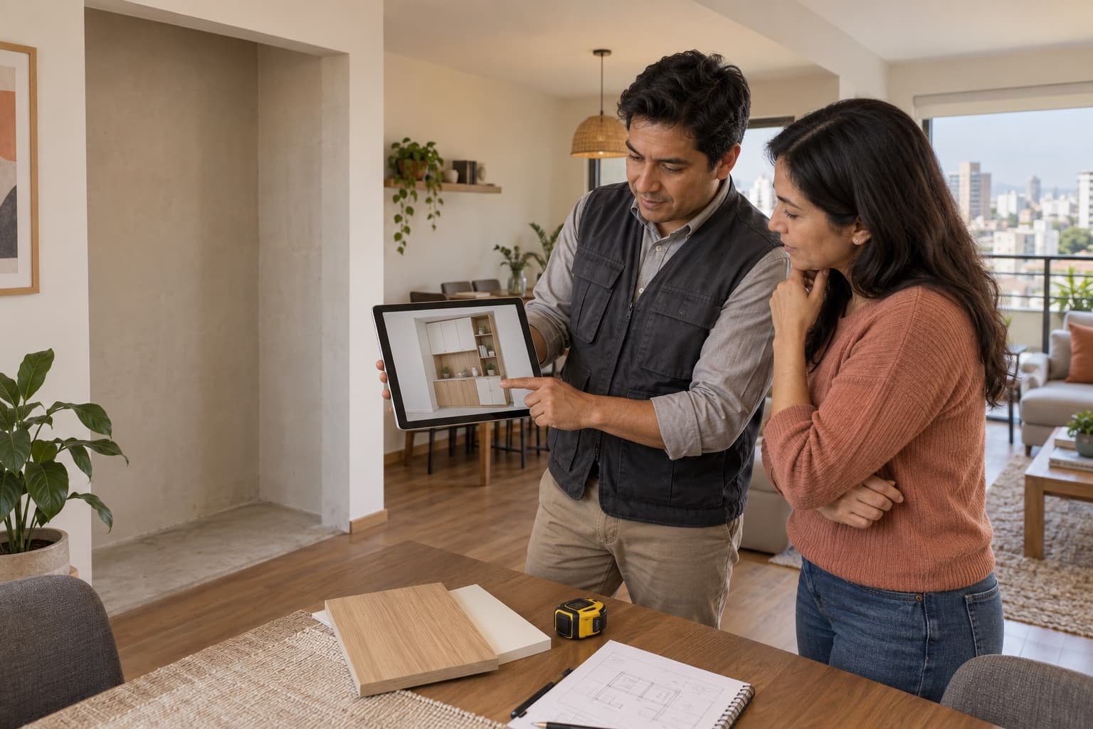 Diseñador peruano presentando en una tablet el modelo 3D de un mueble de melamina a una clienta