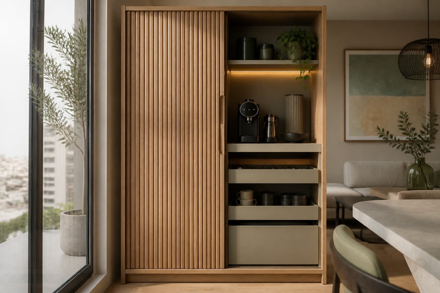 Mueble de melamina con puerta tambour acanalada en un departamento moderno de Lima, ocultando una estacion de cafe con luz calida