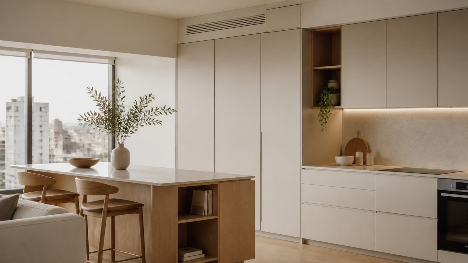 Cocina abierta en Lima con refrigeradora panelada integrada a melamina cashmere, isla en roble suave y cubierta clara