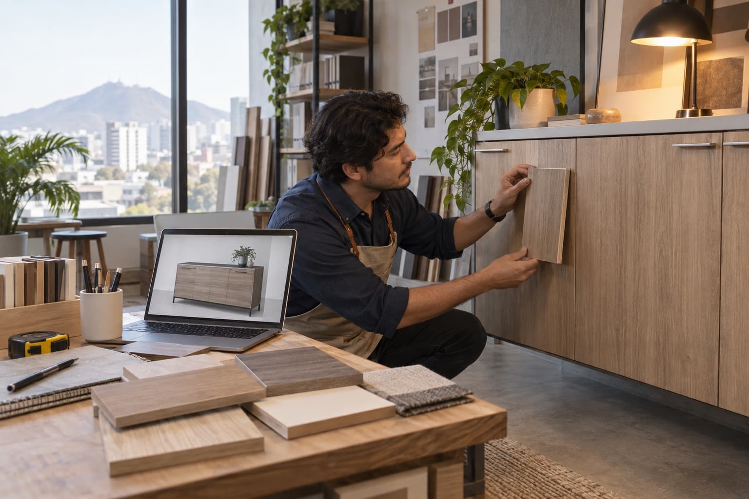 Diseñador compara una muestra de melamina con un mueble y un render bajo dos condiciones de luz