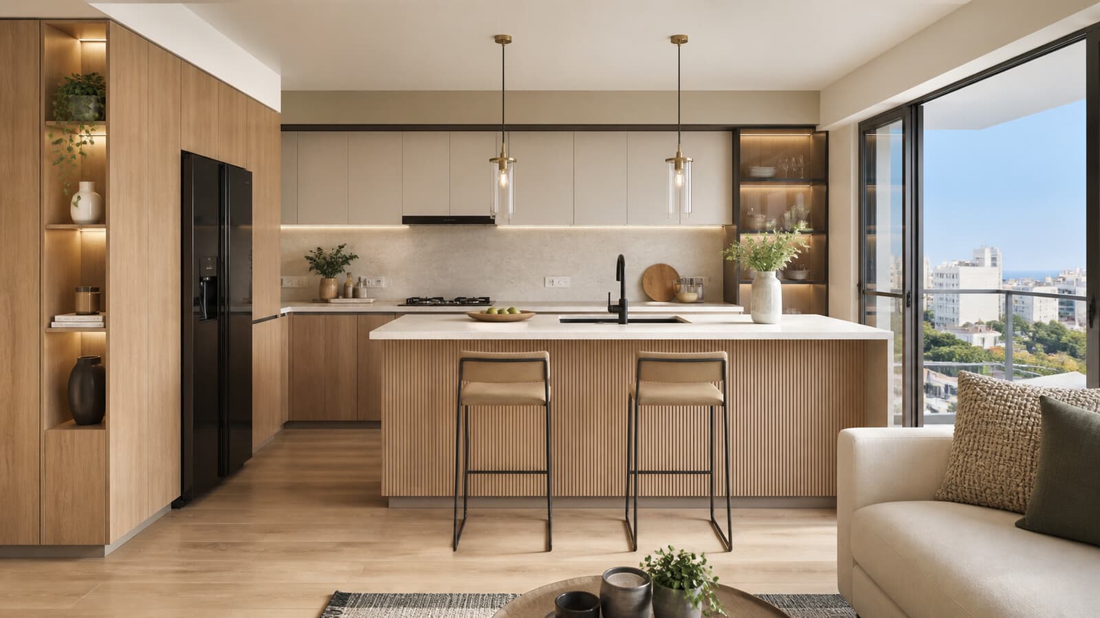 Cocina abierta y mueble integrado en tonos roble miel, arena y piedra clara en un departamento moderno de Lima