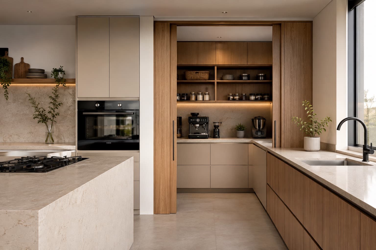 Scullery de melamina en una cocina contemporanea de Lima con zona de apoyo oculta, modulos altos, encimera secundaria y almacenamiento discreto en tonos roble miel y piedra tibia