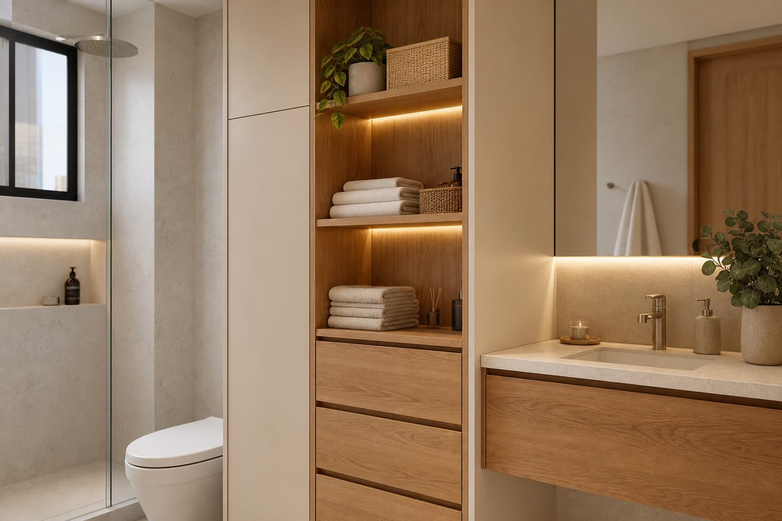 Baño compacto en Lima con torre de baño de melamina piso a techo, nichos abiertos iluminados y vanitorio flotante de madera cálida