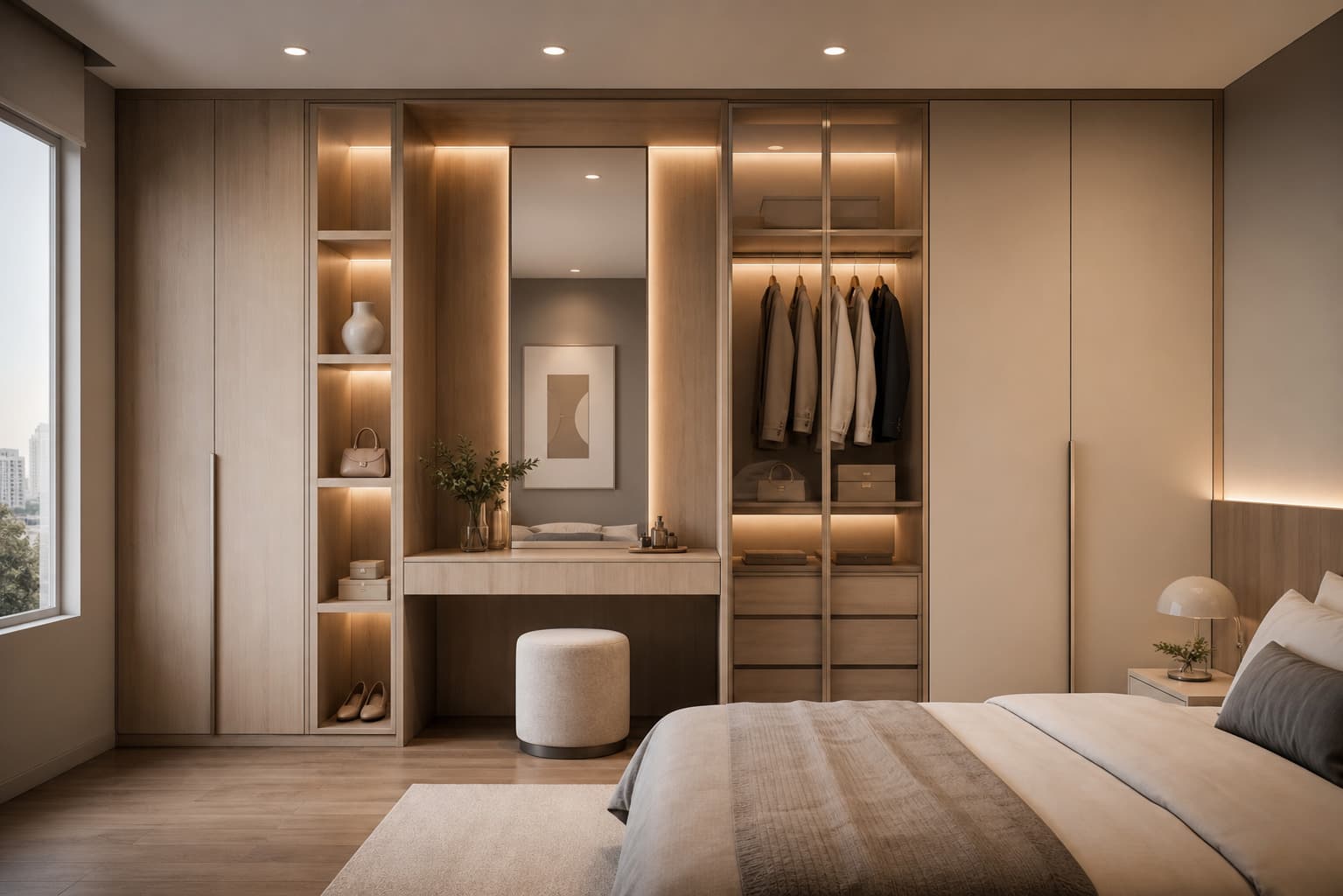 Vestidor de melamina con tocador integrado, espejo vertical y LED cálido en dormitorio principal