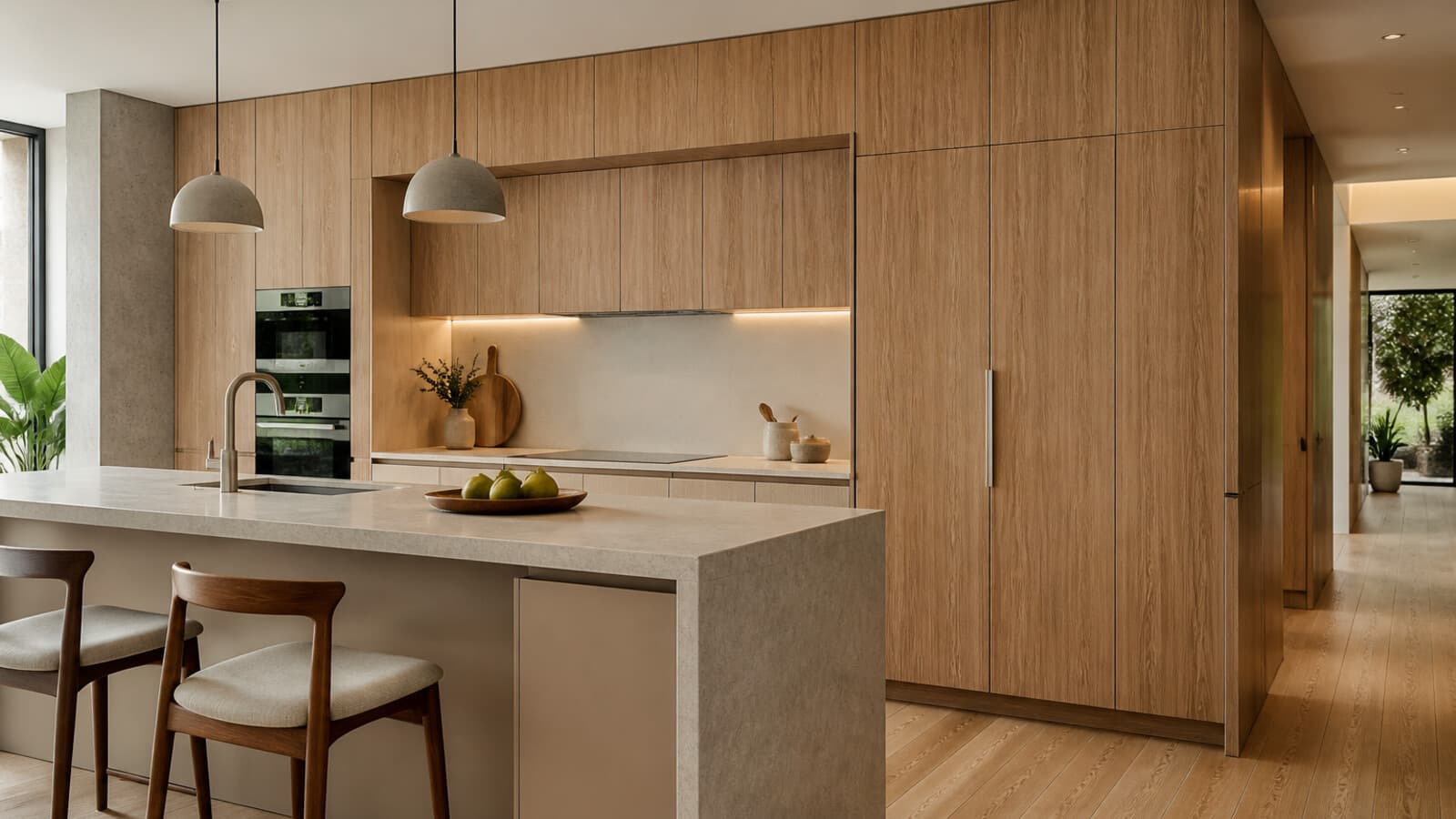 Cocina contemporanea en Lima con frentes de melamina maderada y veta vertical continua entre pantry, panel de refrigeradora y modulos altos