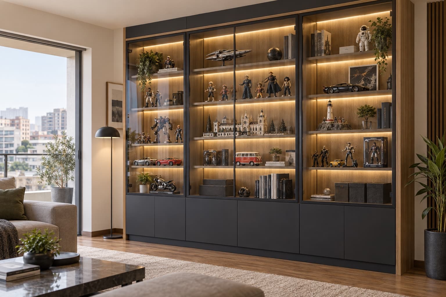 Vitrina de melamina con puertas de vidrio, iluminación cálida y módulos para figuras y colecciones