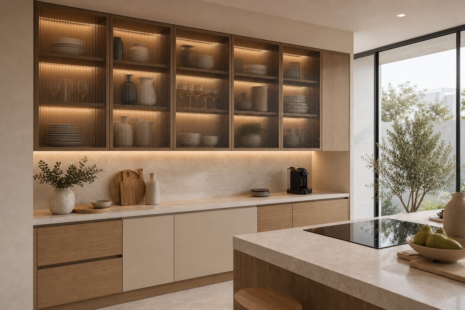 Cocina moderna con vitrinas de melamina y puertas de vidrio acanalado iluminadas
